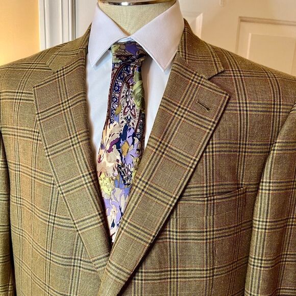 Men's Jos. A. Bank Silk Wool Tan Brown Plaid Sport Coat Blazer Jacket Size 43R - Picture 2 of 7